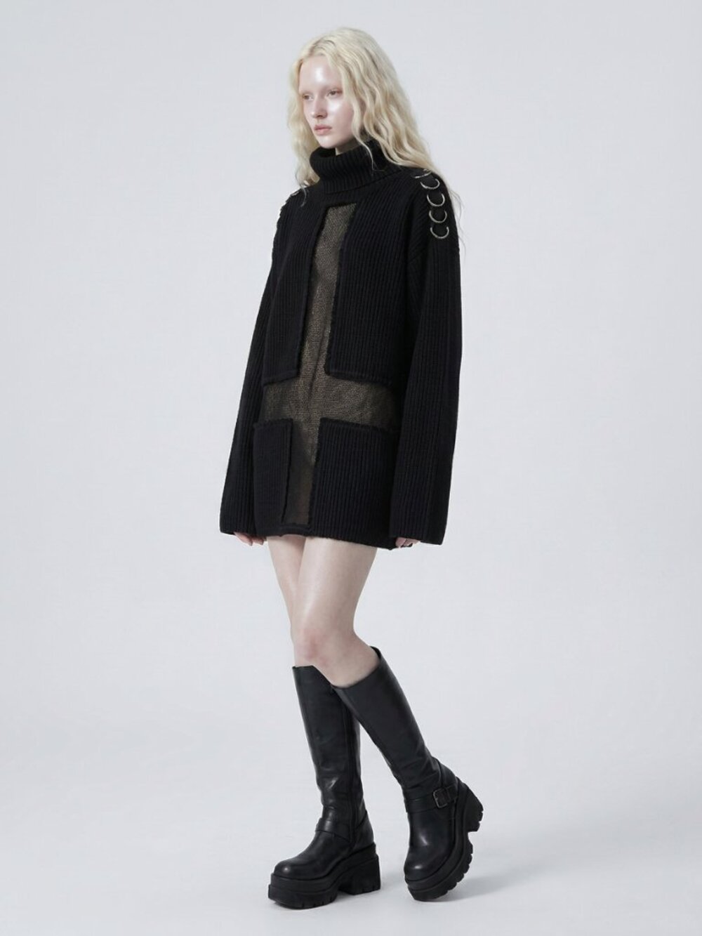 WIDOW Twisted Vows cross mesh panel knit sweater